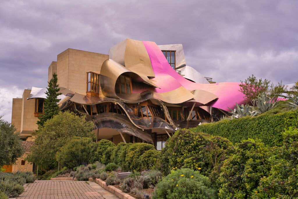 Unique design of Marques de Riscal Hotel in Elciego, Spain, showcasing modern architecture.